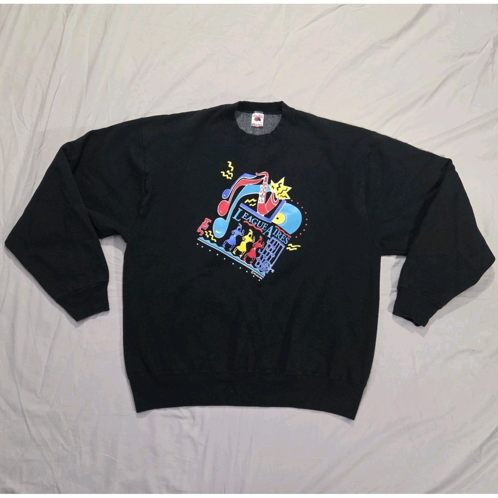 VTG Fruit Of The Loom 90s Supercotton Pullover Sweater Black USA XL Jazz Music